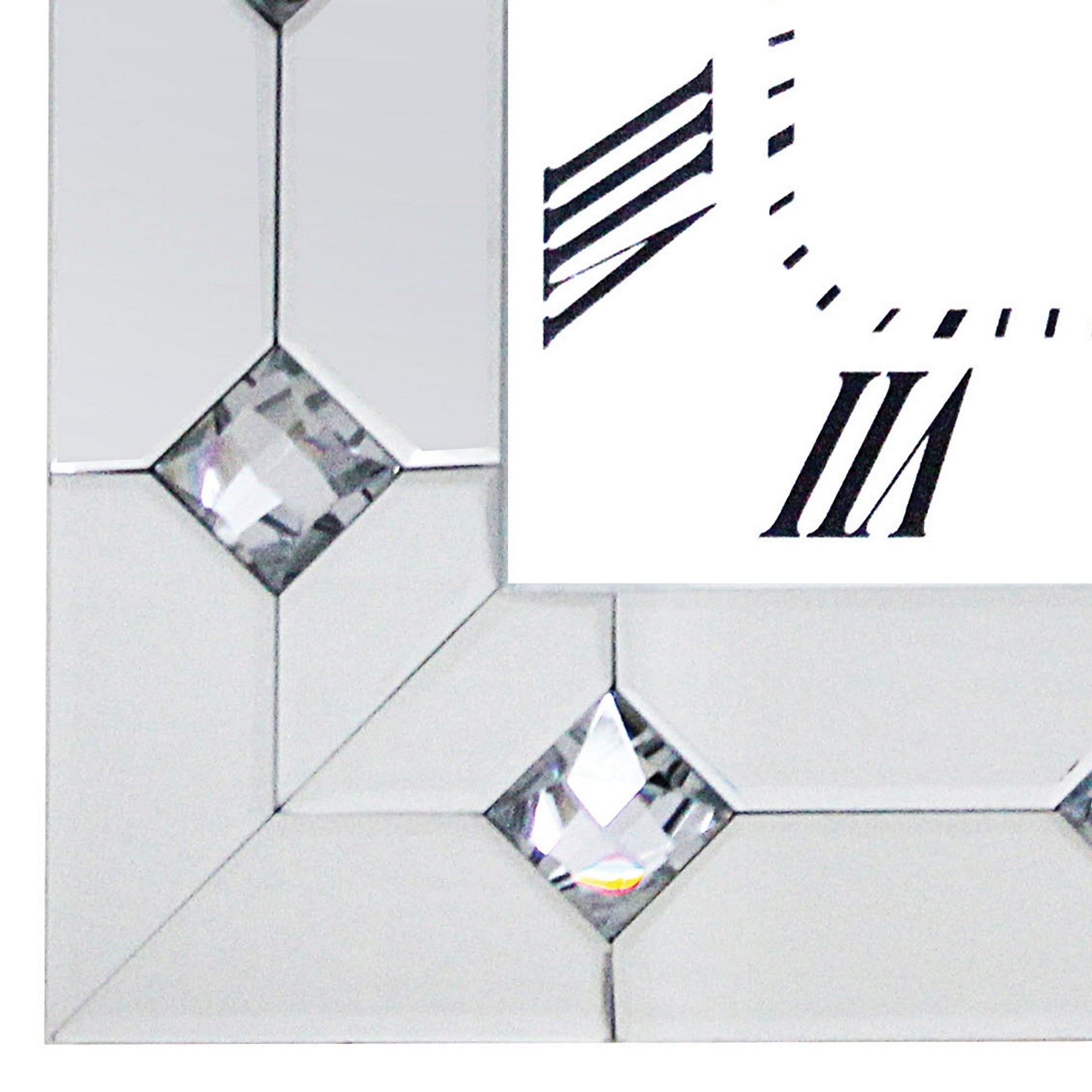Mirrored Square Shape Wooden Analog Wall Clock With Crystal Accents White