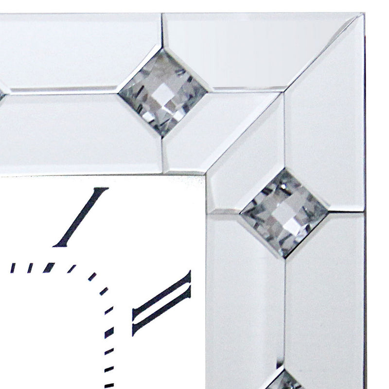 Mirrored Square Shape Wooden Analog Wall Clock With Crystal Accents White-zoom-