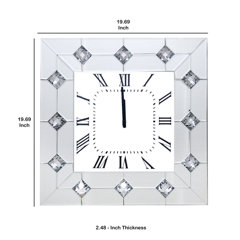 Mirrored Square Shape Wooden Analog Wall Clock With Crystal Accents White-zoom-