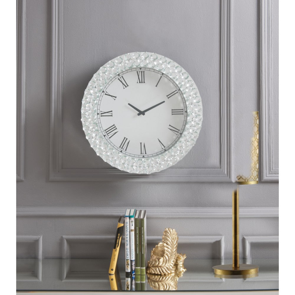 Wood & Mirror Round Analog Wall Clock White-zoom-1