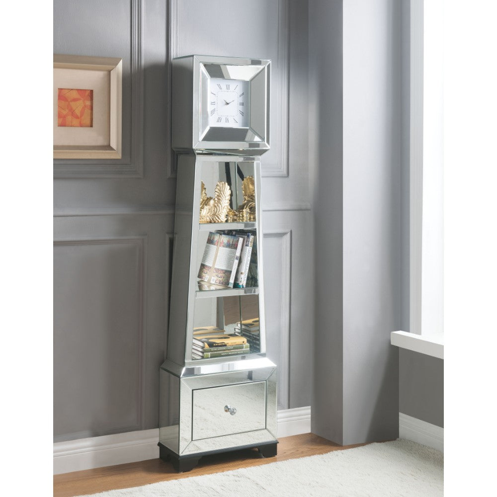 Fully Mirrored Wooden Grandfather Clock With Storage & Display Space Silver