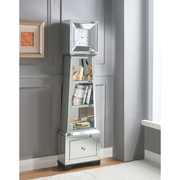 Fully Mirrored Wooden Grandfather Clock With Storage & Display Space Silver
