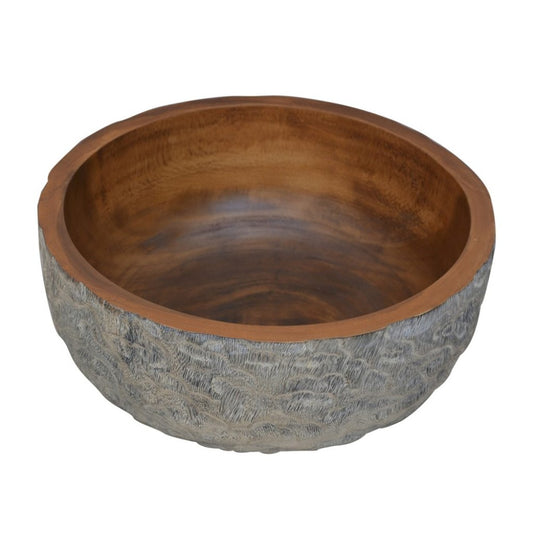 Rough Textured Wooden Decorative Bowl In Round Shape Gray And Brown