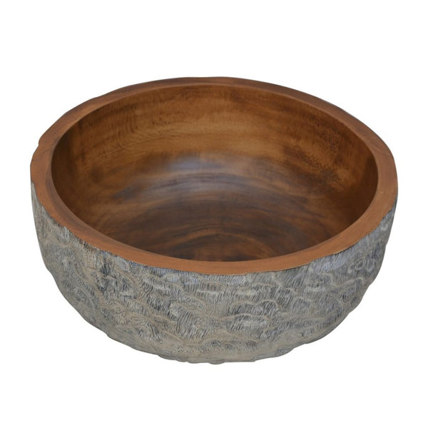 Rough Textured Wooden Decorative Bowl In Round Shape Gray And Brown