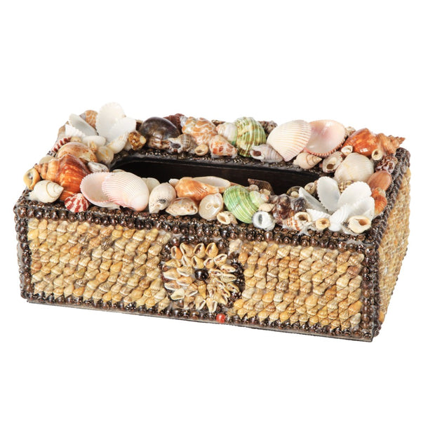 Beautifully Decorated Plywood Tissue Box With Natural Seashells Multicolor