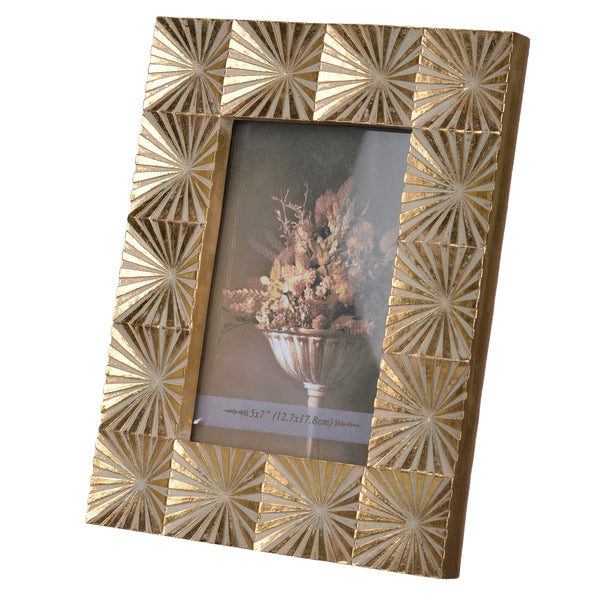 Rectangular Shaped Polyresin Photo Frame With Mirror And Pyramid Like Design Gold
