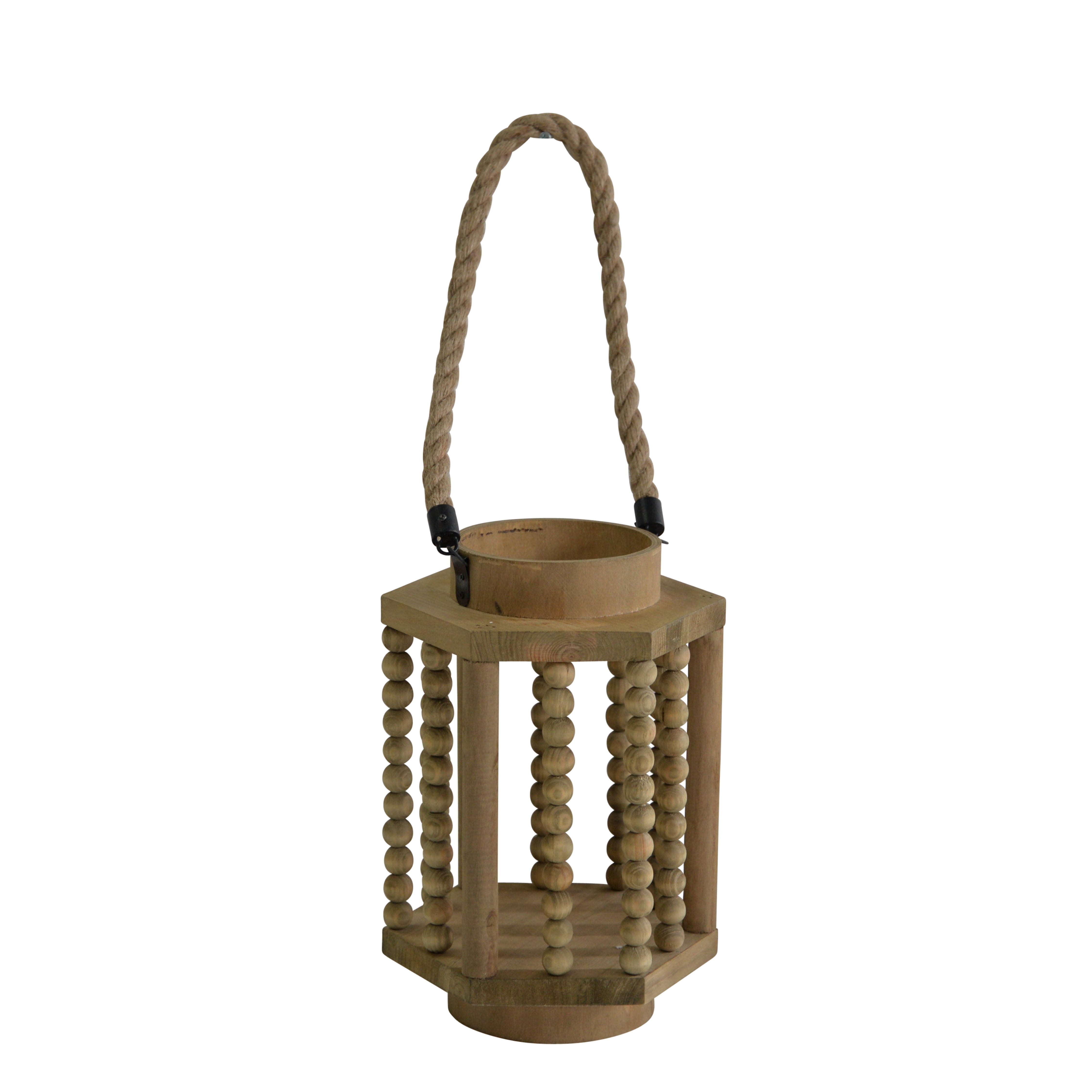 Abacus Design Hexagonal Wooden Lantern With Rope Hanger Rustic Brown