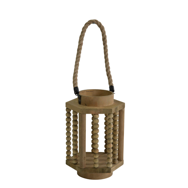 Abacus Design Hexagonal Wooden Lantern With Rope Hanger Rustic Brown