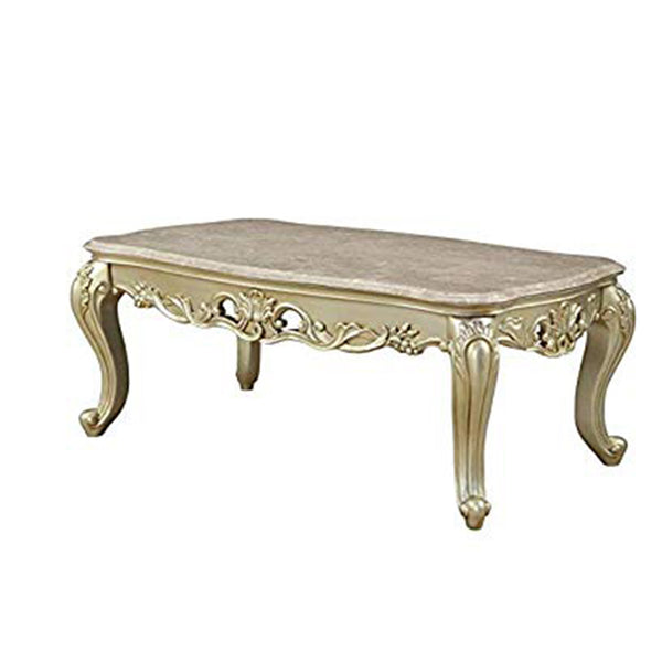 Wooden Coffee Table With Decorative Polyresin Carvings And Marble Top White