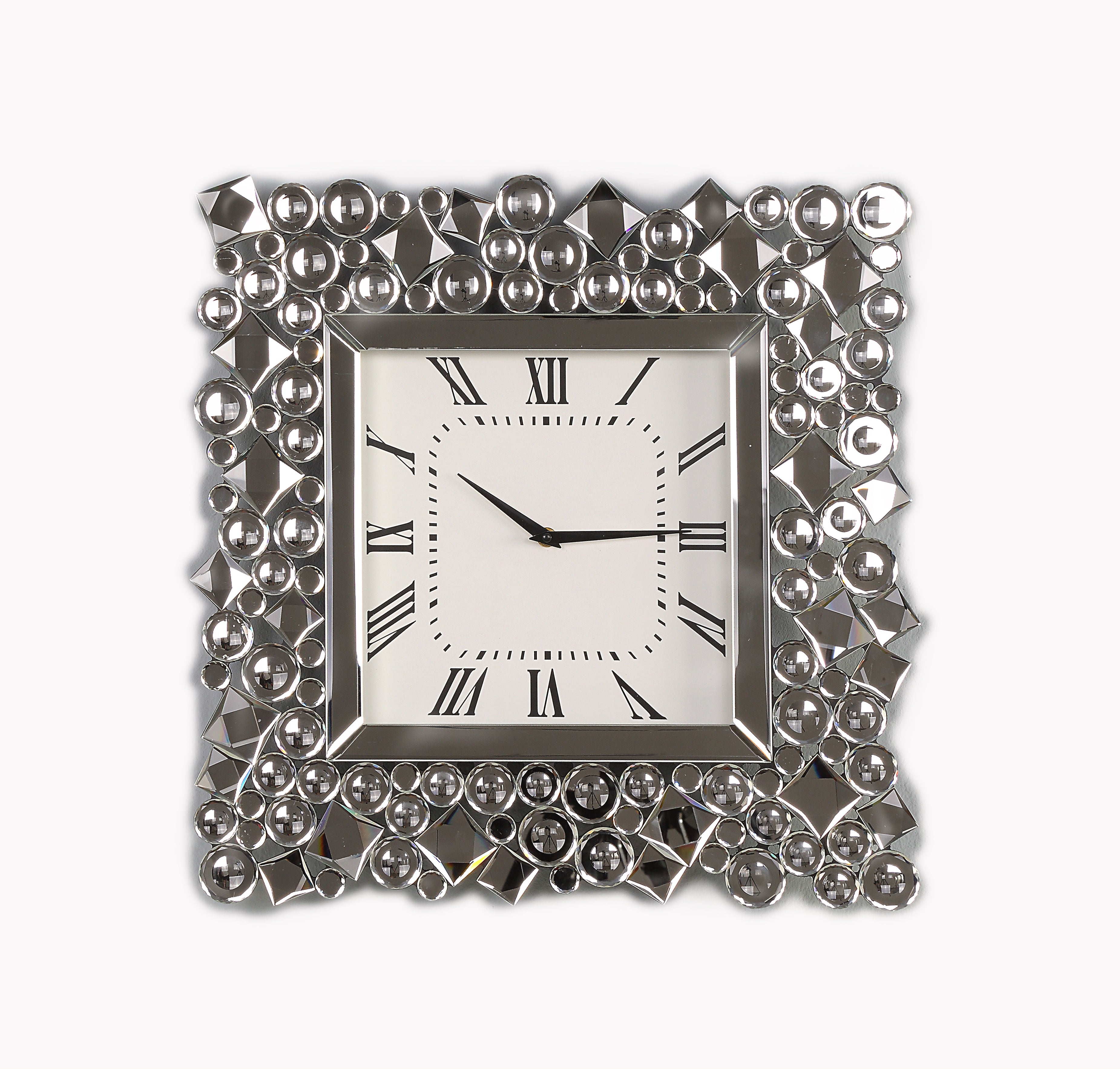 Wood And Mirror Wall Clock With Glass Crystal Gems Clear And Black-zoom-1