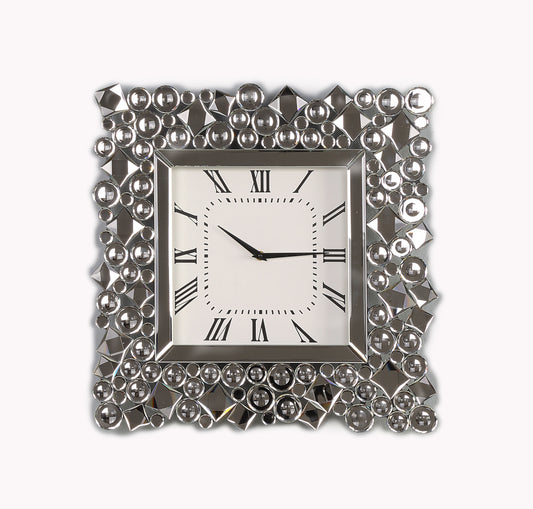 Wood And Mirror Wall Clock With Glass Crystal Gems Clear And Black