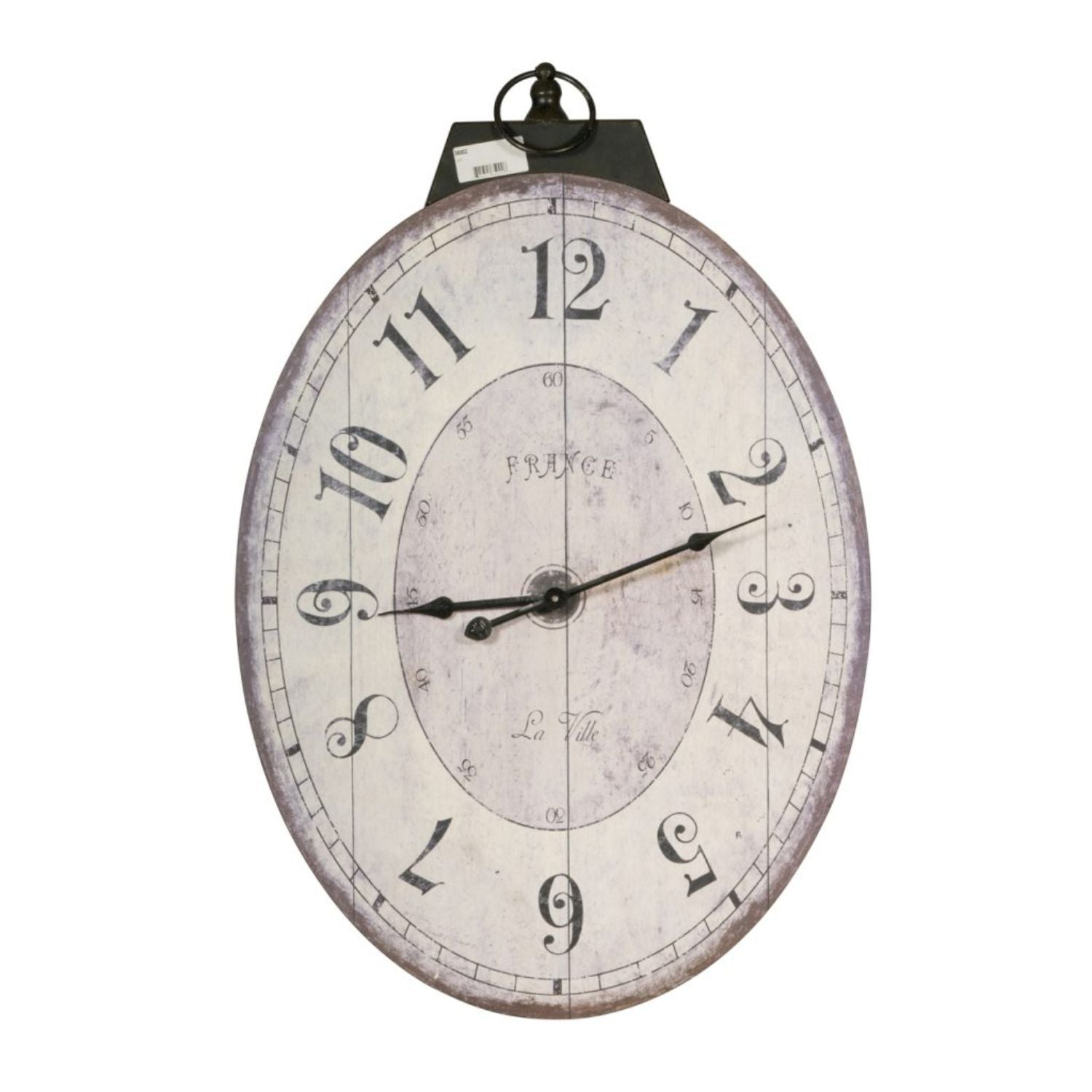 Distressed Oval Shape Wooden Wall Clock With Ring Hanger White And Black-zoom-1
