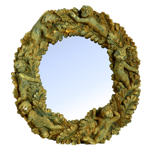 Round Wall Decorative Mirror With Thick Cemented Border Rustic Green