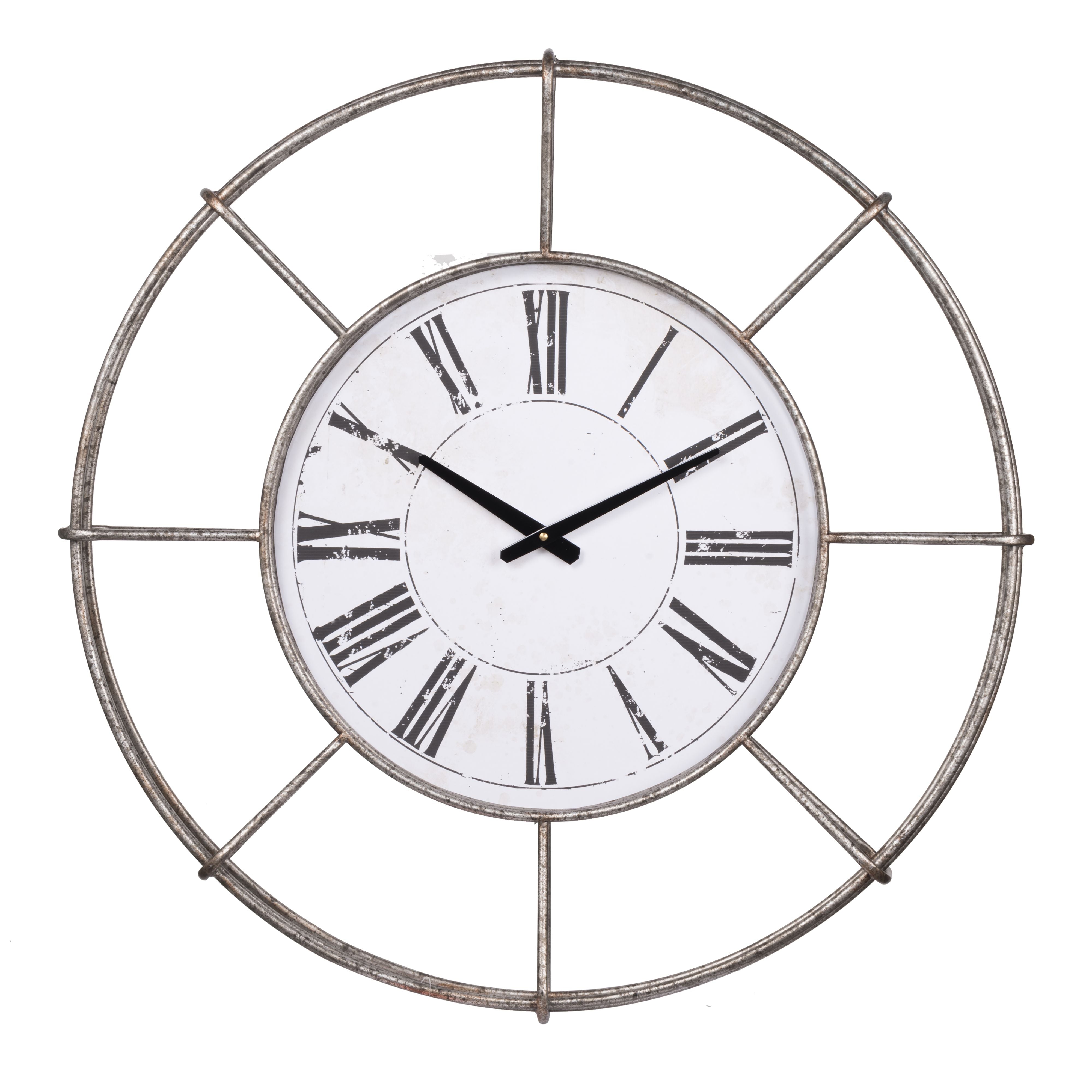 Metal Wall Clock With Circle Dial And Roman Numbers Silver And White