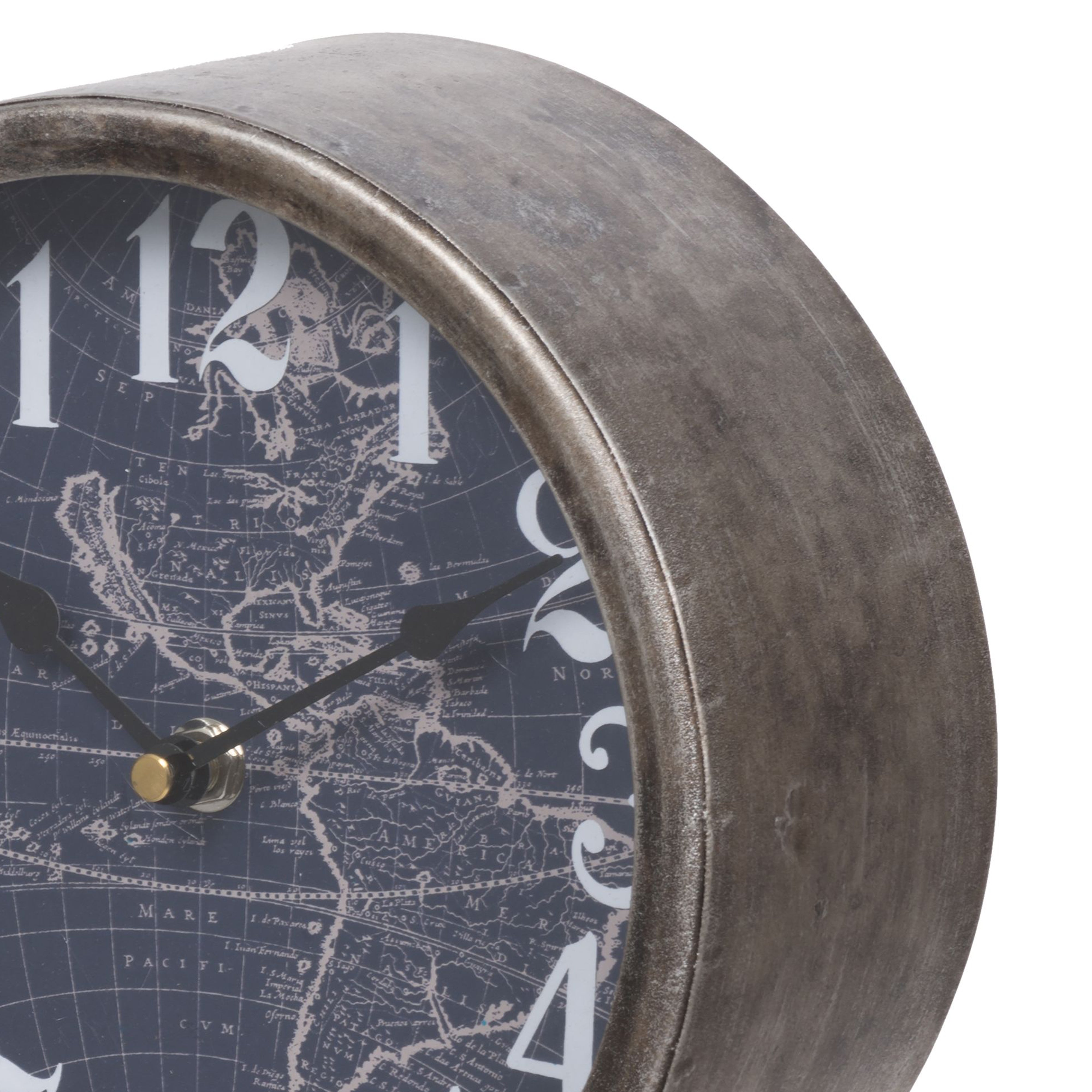 Metal Table Clock With Map Theme Background And Geometric Base Gray