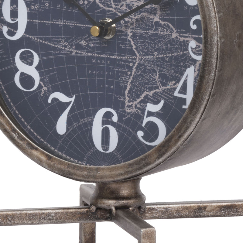 Metal Table Clock With Map Theme Background And Geometric Base Gray-zoom-