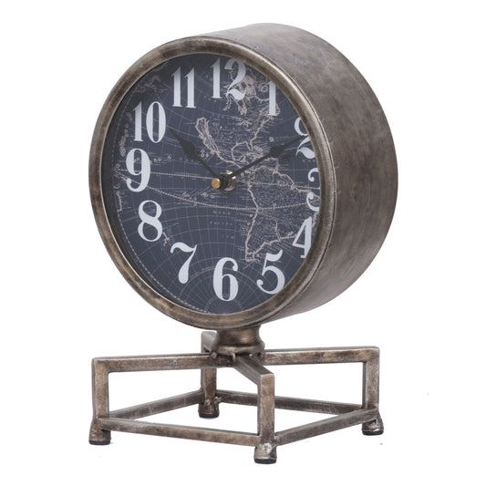 Metal Table Clock With Map Theme Background And Geometric Base Gray