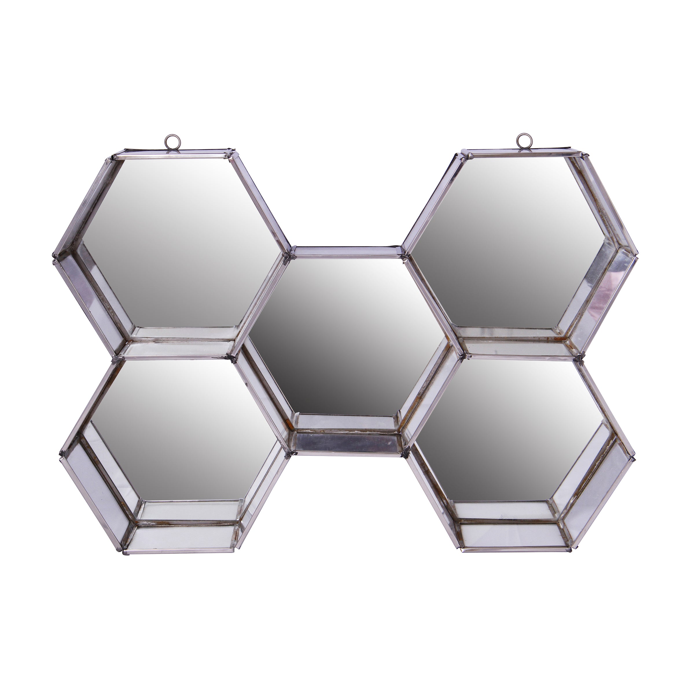 Hexagonal Mirrored Wall Display With Two Keyhole Hanger On Top Silver-zoom-1
