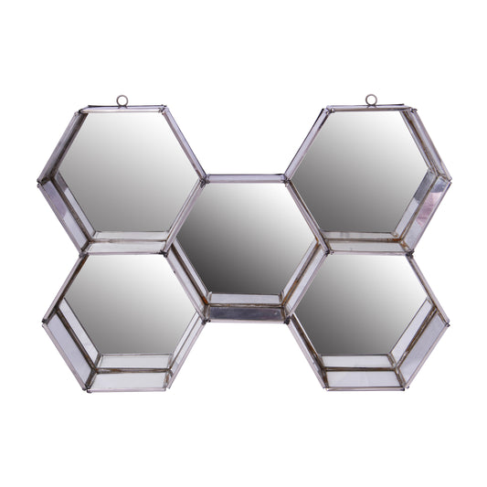 Hexagonal Mirrored Wall Display With Two Keyhole Hanger On Top Silver