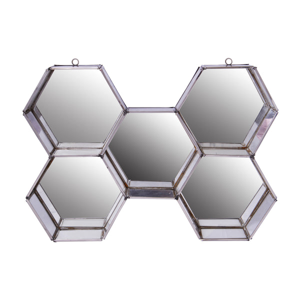 Hexagonal Mirrored Wall Display With Two Keyhole Hanger On Top Silver