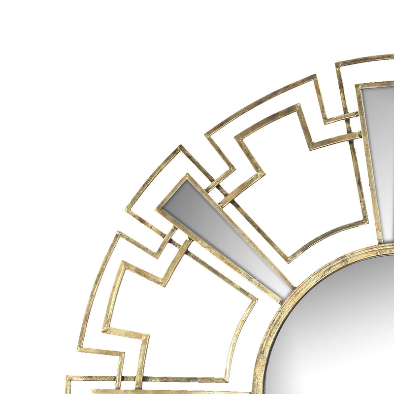 Round Sunburst Wall Mirror With Geometric Design Metal Frame Gold-zoom-