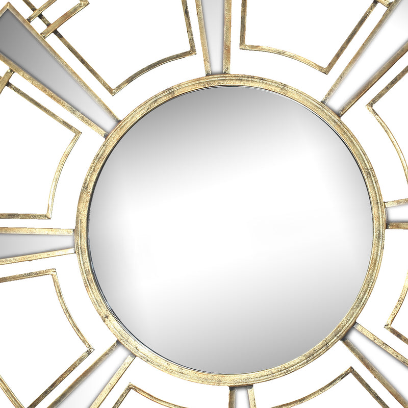Round Sunburst Wall Mirror With Geometric Design Metal Frame Gold-zoom-