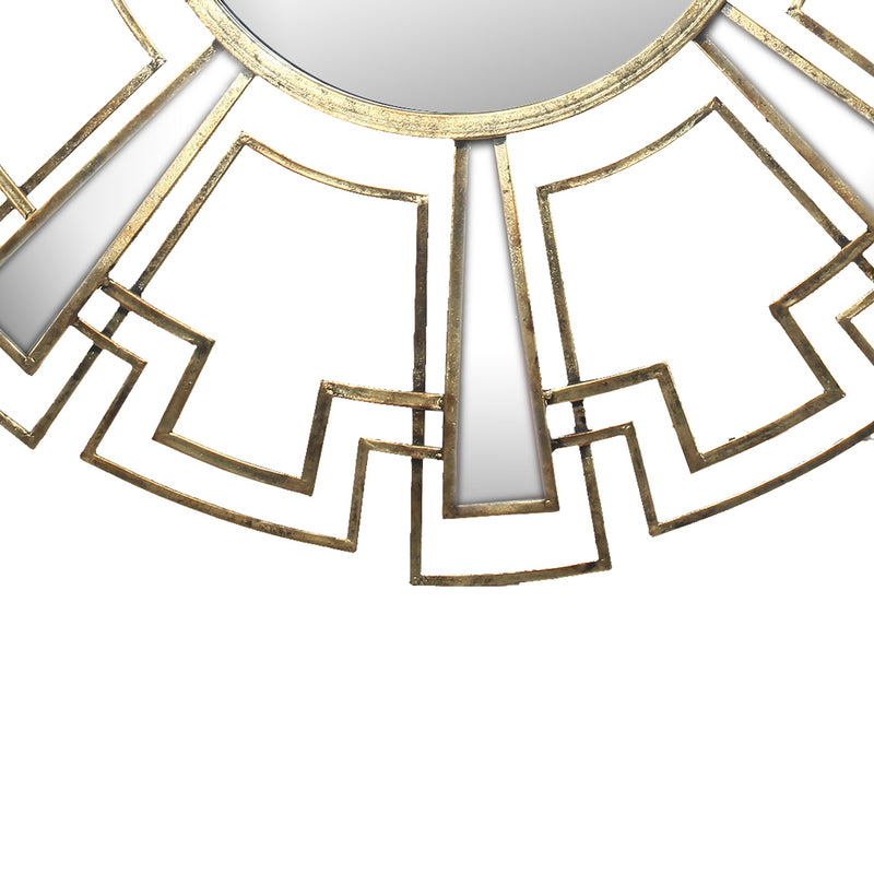 Round Sunburst Wall Mirror With Geometric Design Metal Frame Gold-zoom-