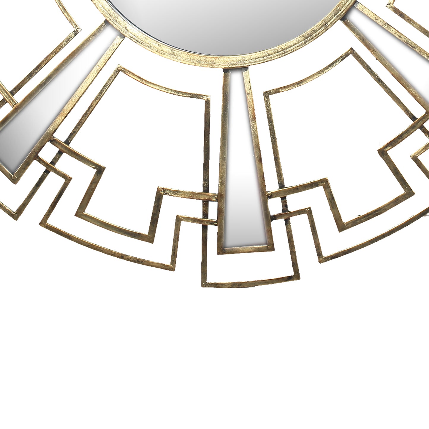 Round Sunburst Wall Mirror With Geometric Design Metal Frame Gold