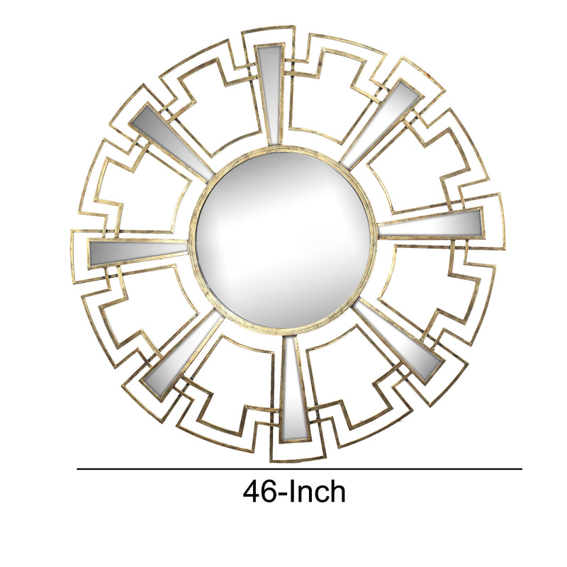 Round Sunburst Wall Mirror With Geometric Design Metal Frame Gold-zoom-