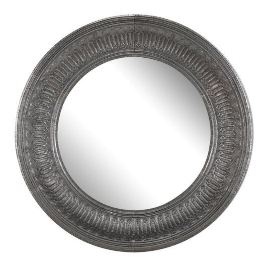 Round Wall Mirror With Thick Embossed Metal Border Antique Gray