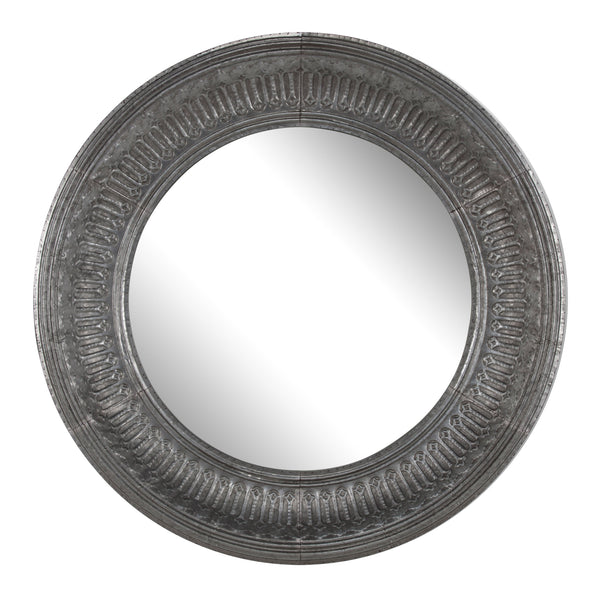 Round Wall Mirror With Thick Embossed Metal Border Antique Gray
