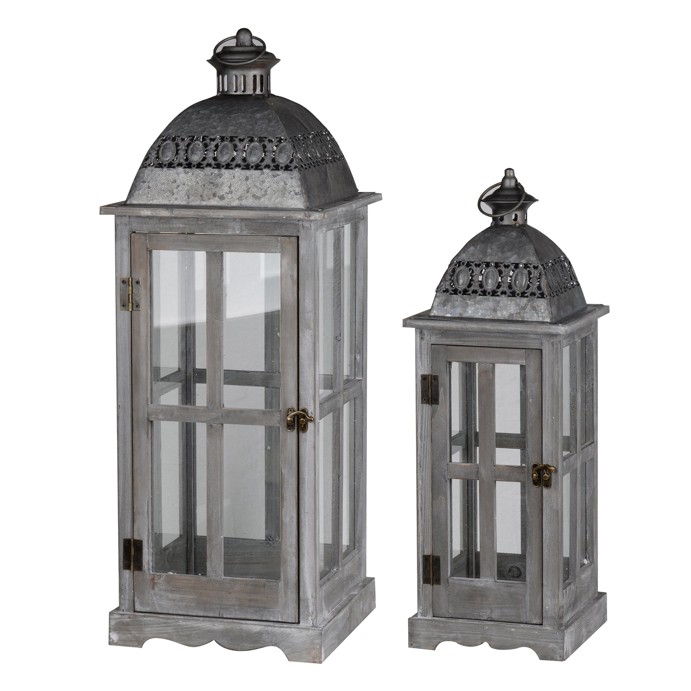 Wood And Metal Lanterns With Glass Window Pane Design Gray Set Of 2
