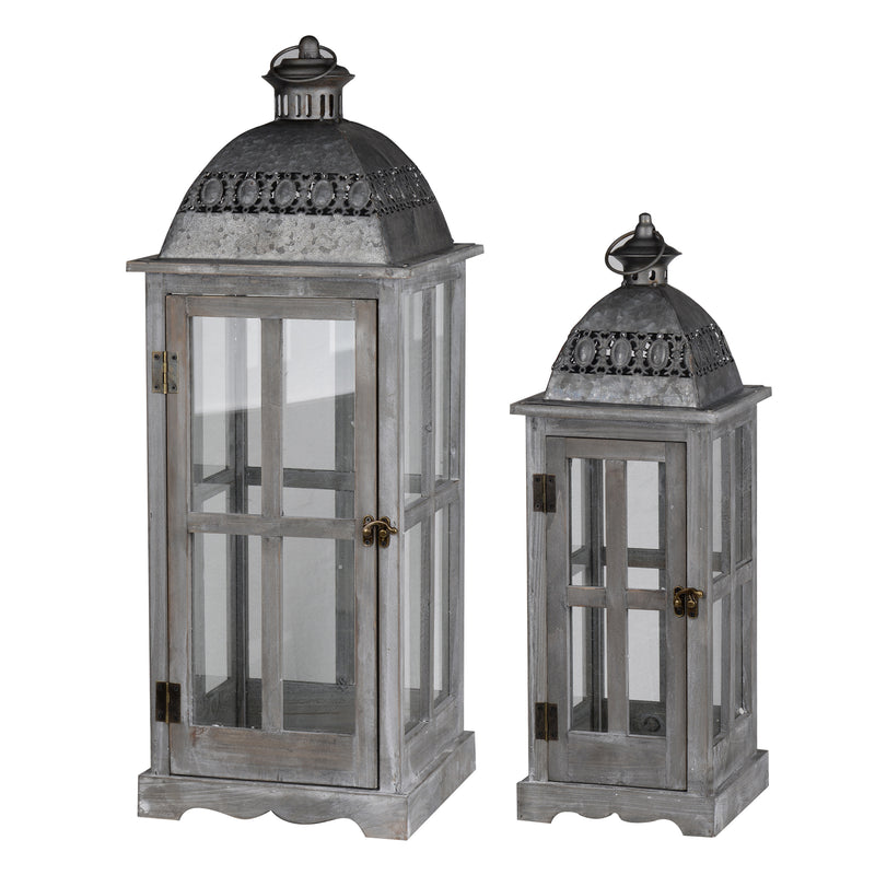 Wood And Metal Lanterns With Glass Window Pane Design Gray Set Of 2-zoom-