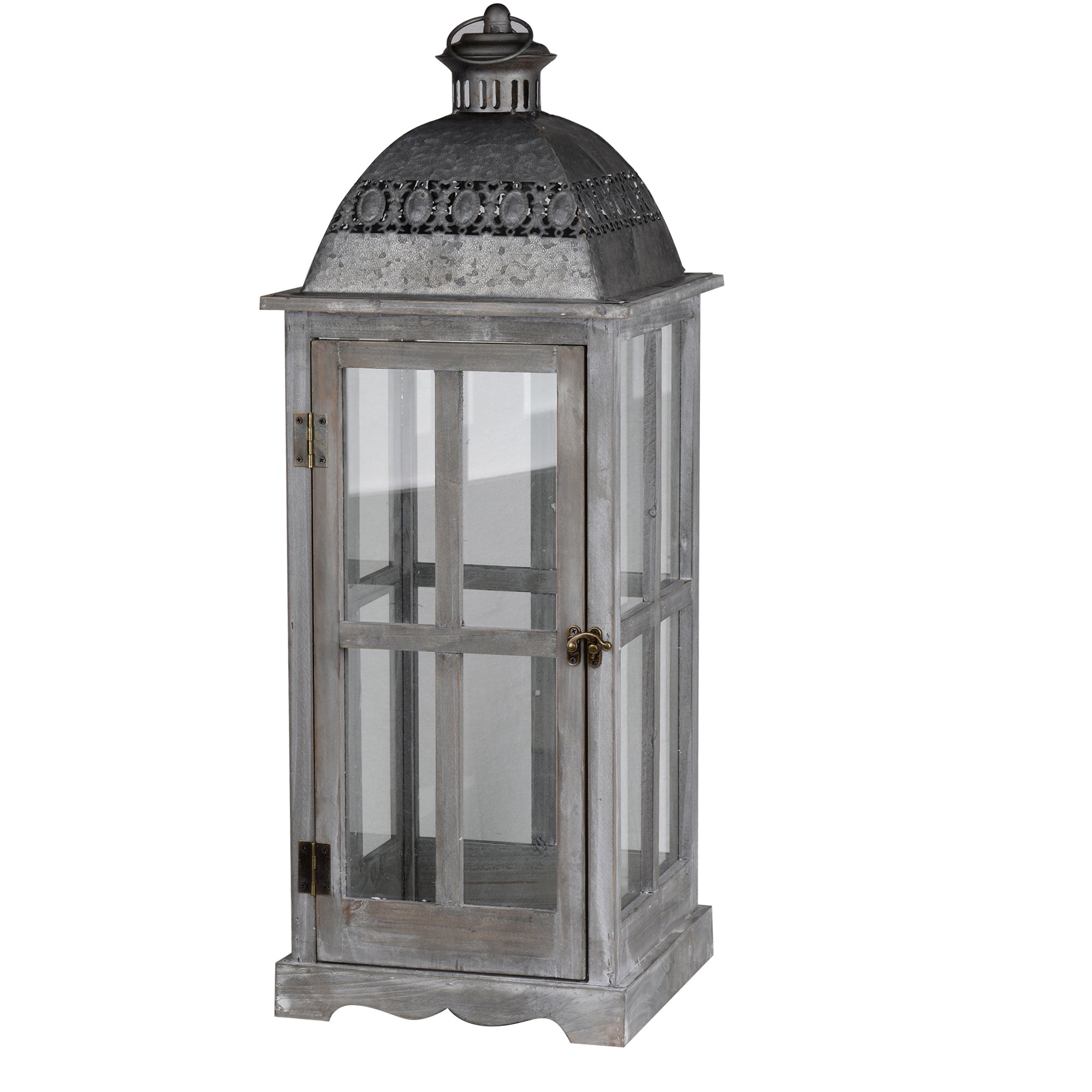 Wood And Metal Lanterns With Glass Window Pane Design Gray Set Of 2