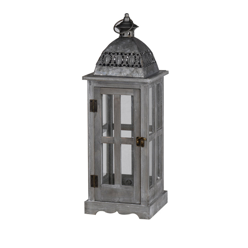 Wood And Metal Lanterns With Glass Window Pane Design Gray Set Of 2-zoom-