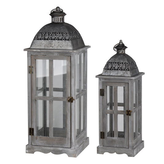 Wood And Metal Lanterns With Glass Window Pane Design Gray Set Of 2