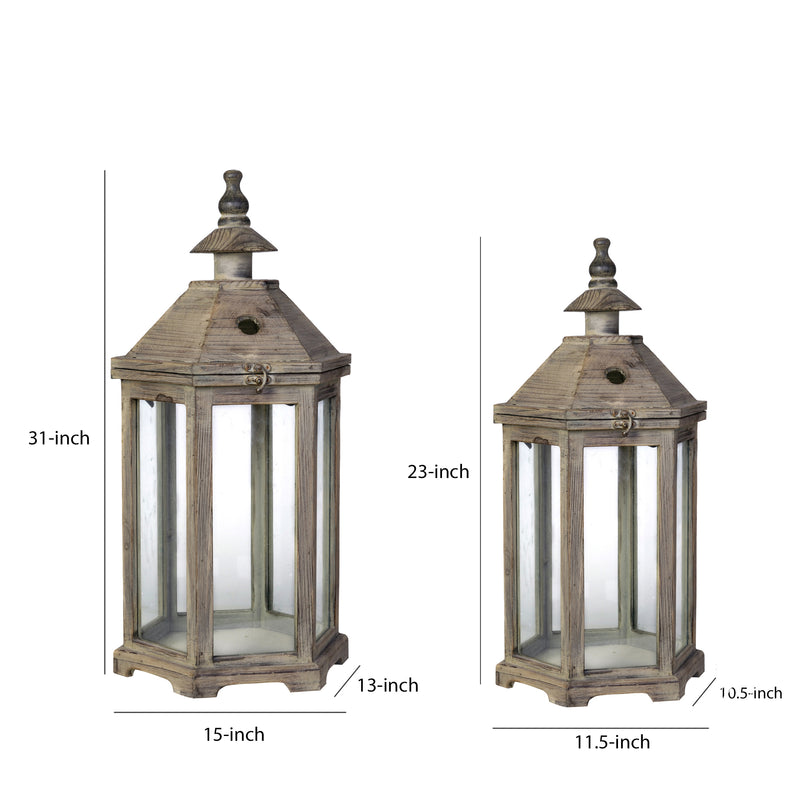 Temple Design Wooden Lantern With Glass Panels Brown Set Of 2-zoom-