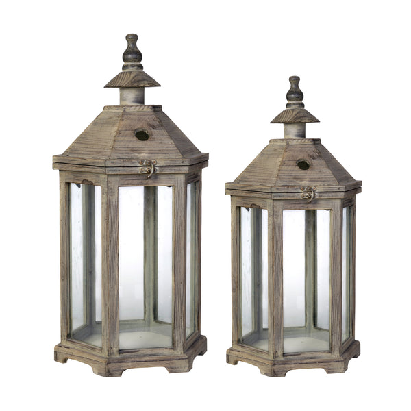 Temple Design Wooden Lantern With Glass Panels Brown Set Of 2
