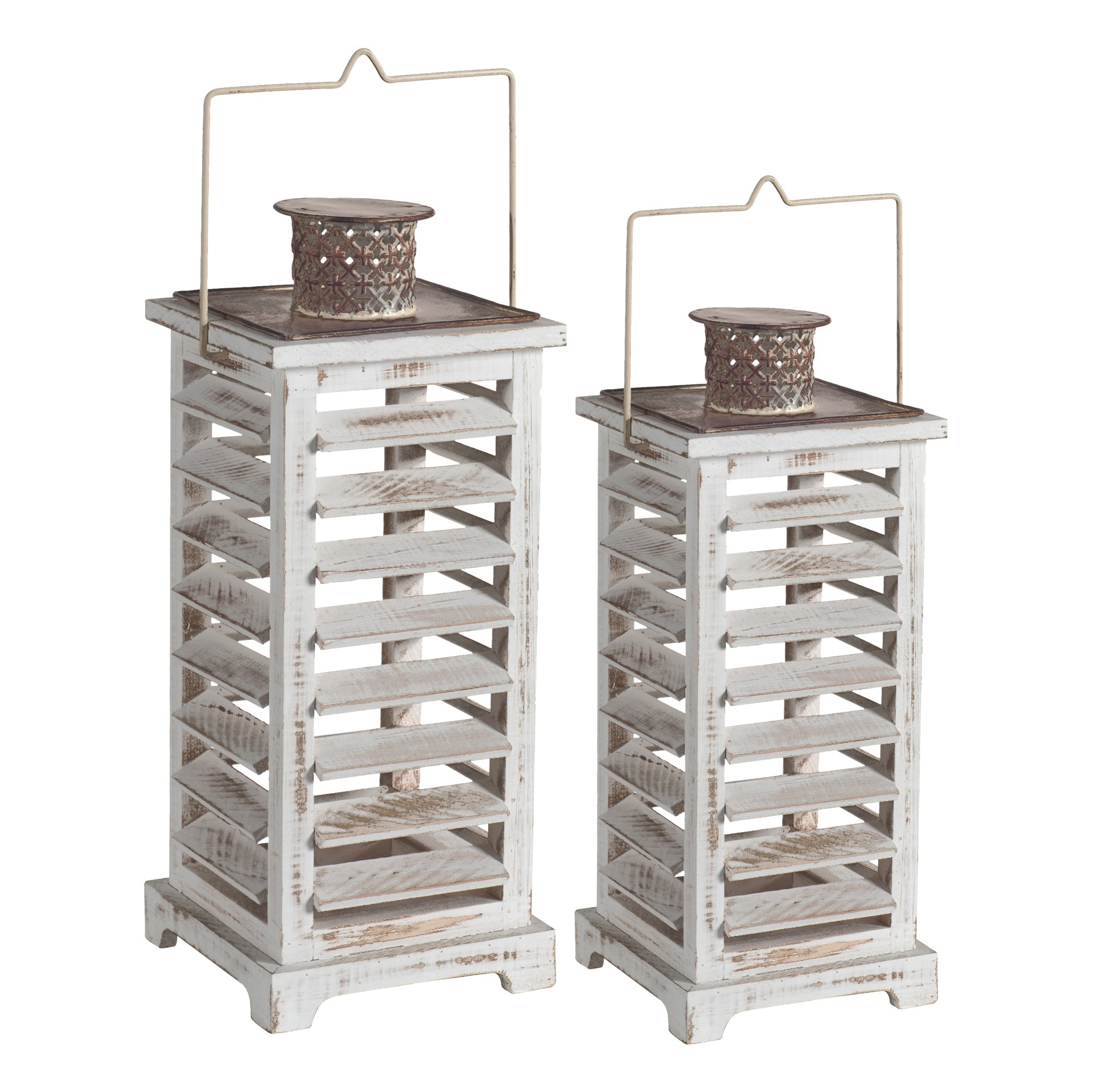 Wood And Metal Lanterns With Louvered Design White Set Of 2-zoom-1