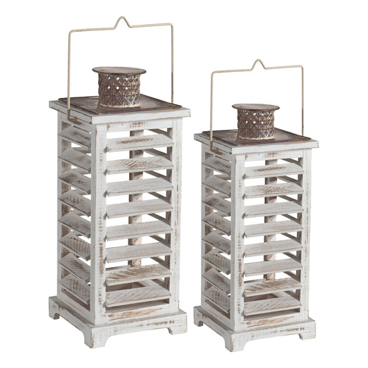 Wood And Metal Lanterns With Louvered Design White Set Of 2