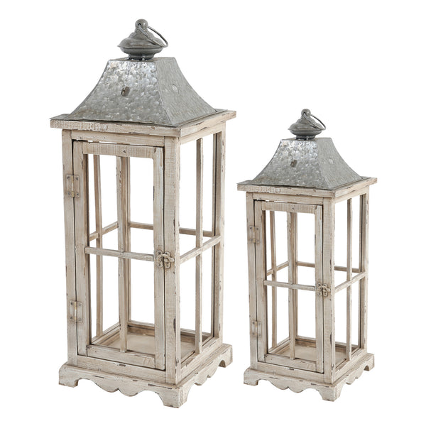 Wood And Metal Lanterns With Window Pane Design White Set Of 2