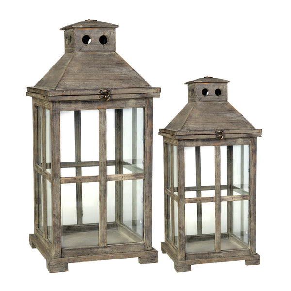 Square Temple Garden Wooden Lantern With Glass Panels Brown Set Of 2