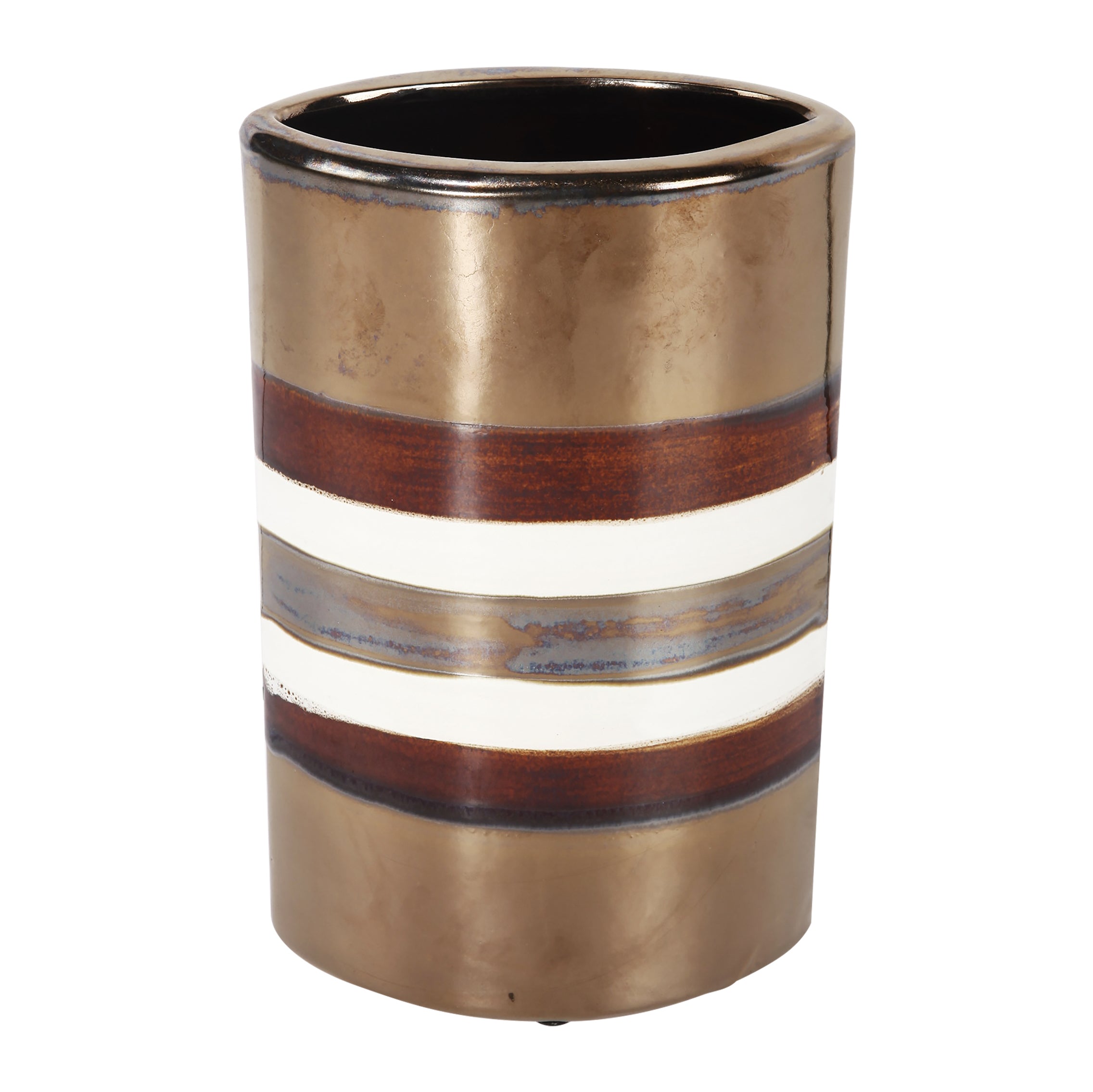 Cylindrical Shape Ceramic Decorative Vase With Bands Multicolor