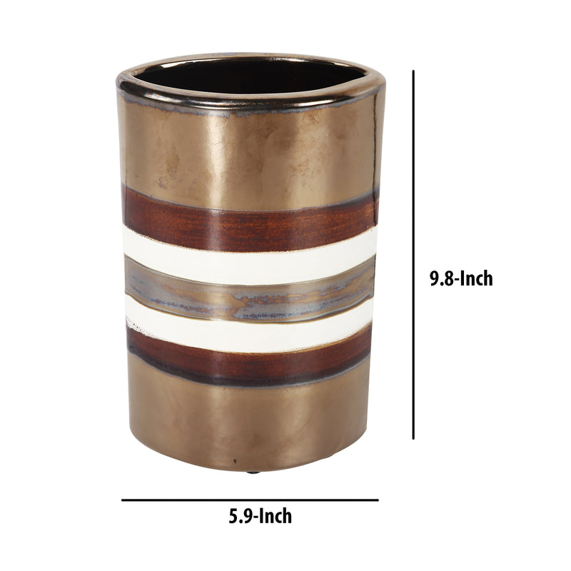 Cylindrical Shape Ceramic Decorative Vase With Bands Multicolor-zoom-