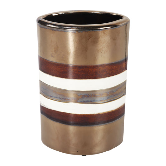 Cylindrical Shape Ceramic Decorative Vase With Bands Multicolor
