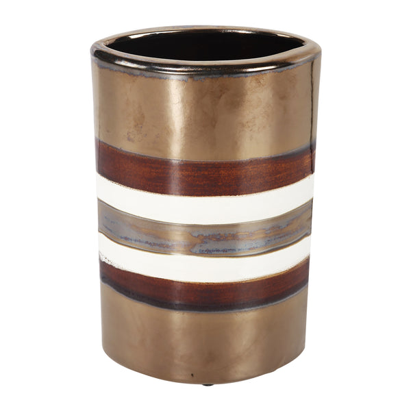 Cylindrical Shape Ceramic Decorative Vase With Bands Multicolor