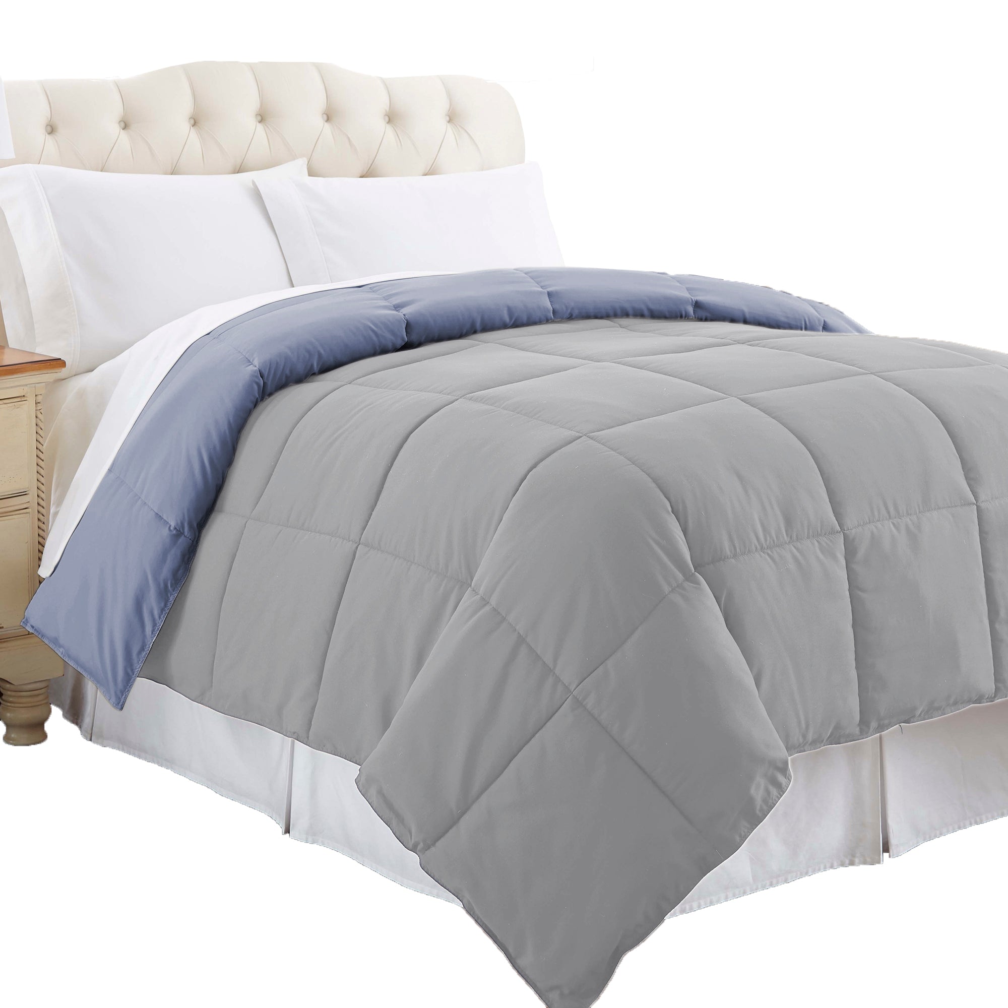 Genoa Reversible King Comforter With Box Quilted The Urban Port Silver And Blue-zoom-3