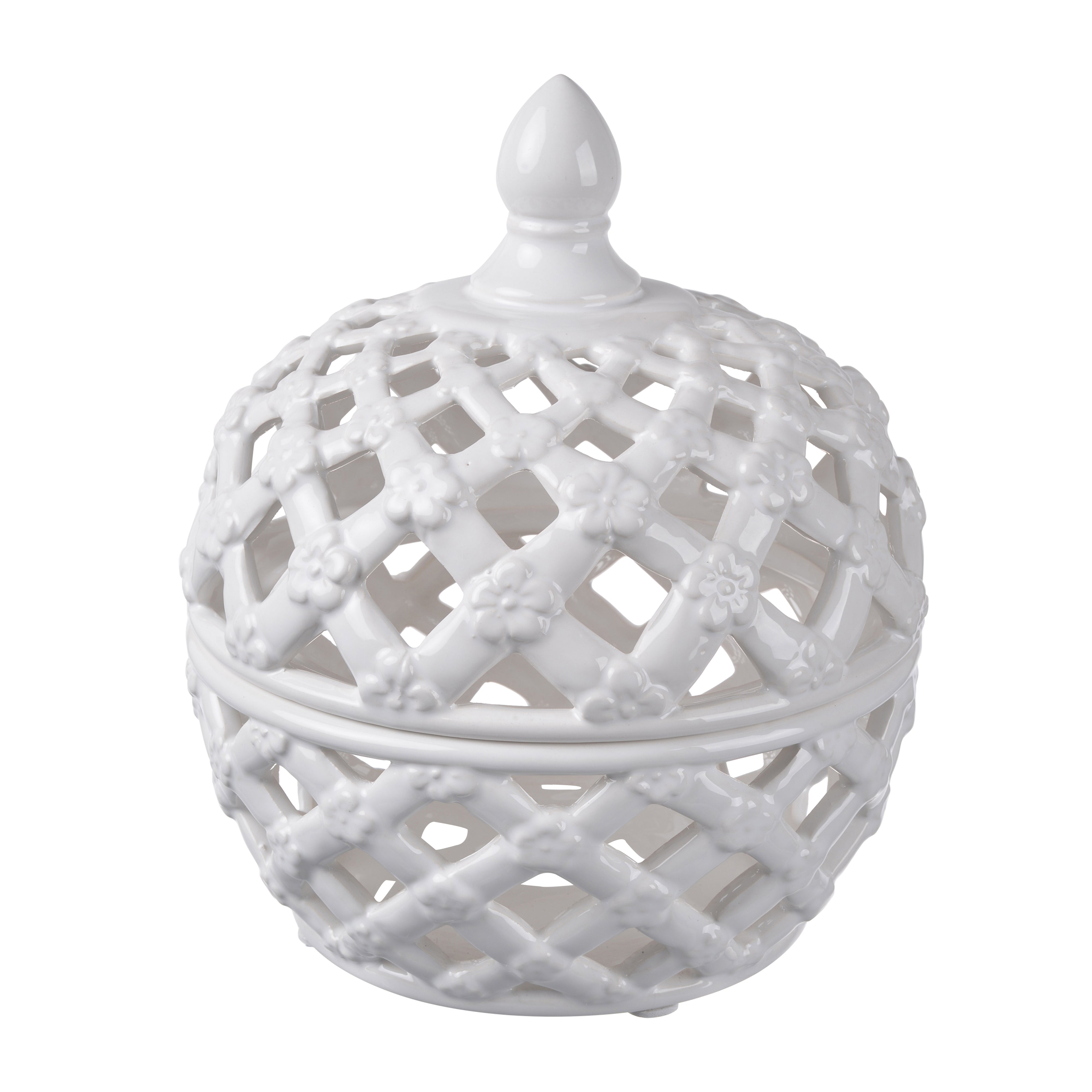 Decorative Ceramic Lidded Jar With Flower Motif Exterior Small White