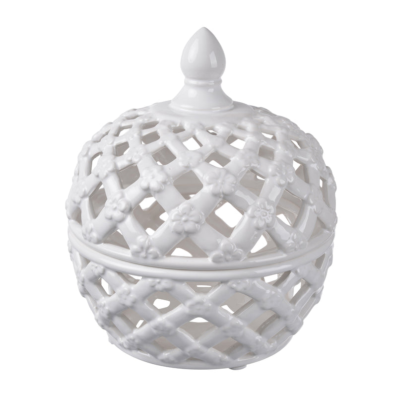 Decorative Ceramic Lidded Jar With Flower Motif Exterior Small White-zoom-