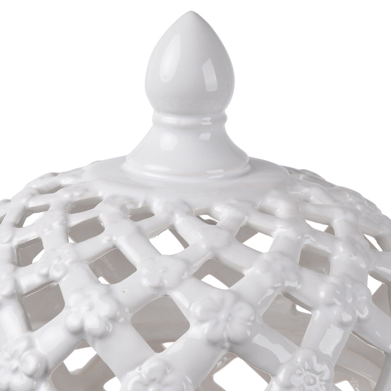 Decorative Ceramic Lidded Jar With Flower Motif Exterior Small White-zoom-
